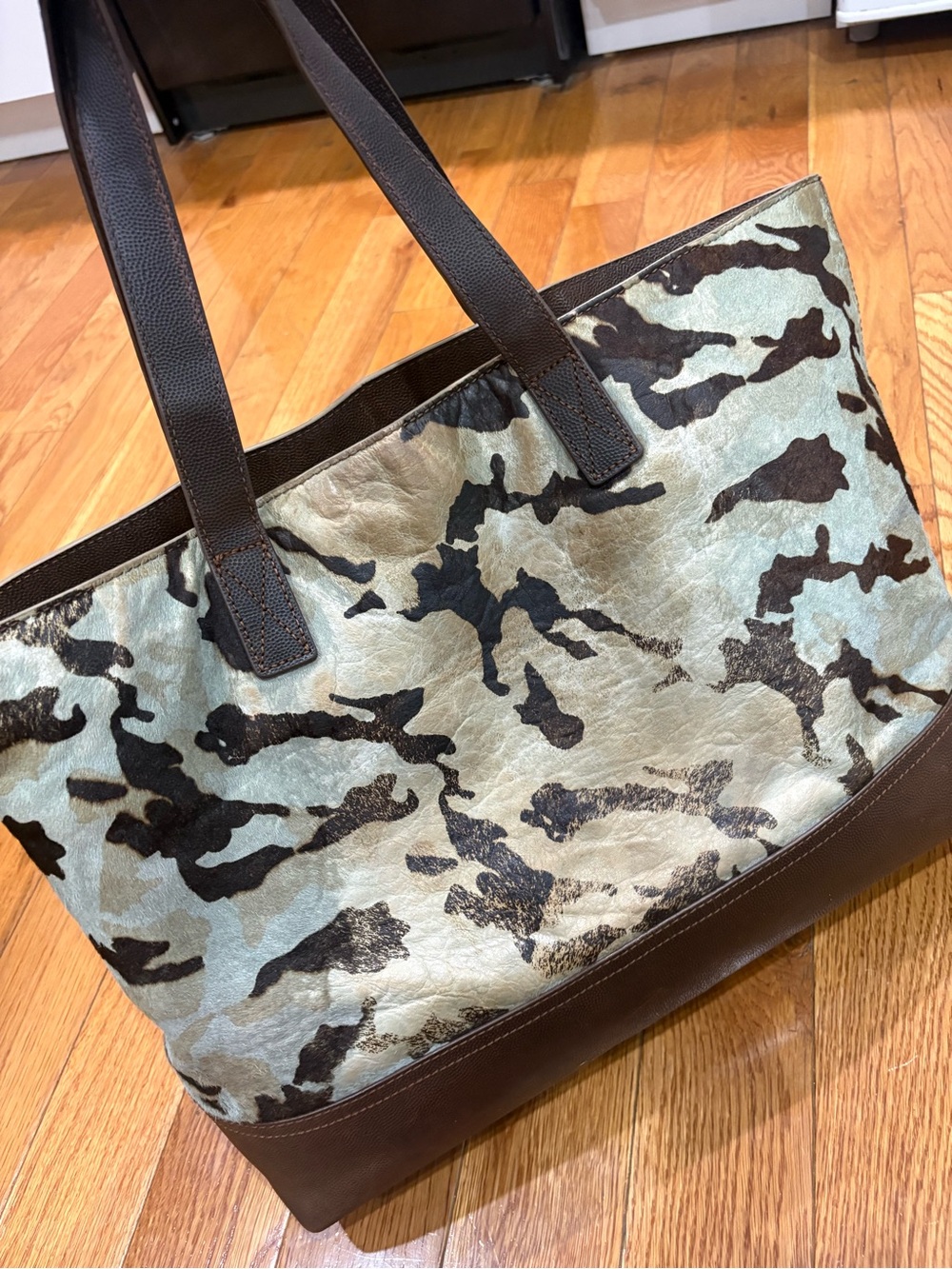 UGG Leather-Trim Pony Hair Camouflage Tote Bag in Brown